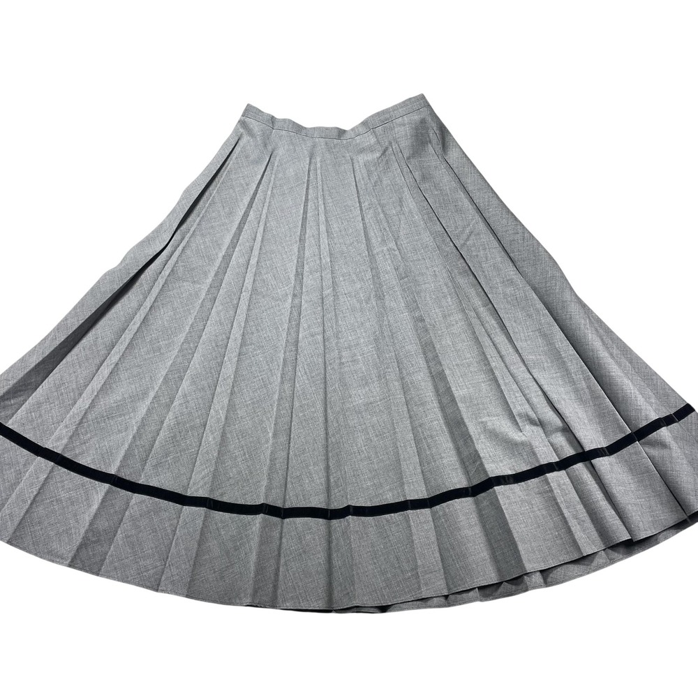 Vintage Orvis USA Gray Pleated Wool Blend Skirt Womens 14 Black Trim 90s Preppy